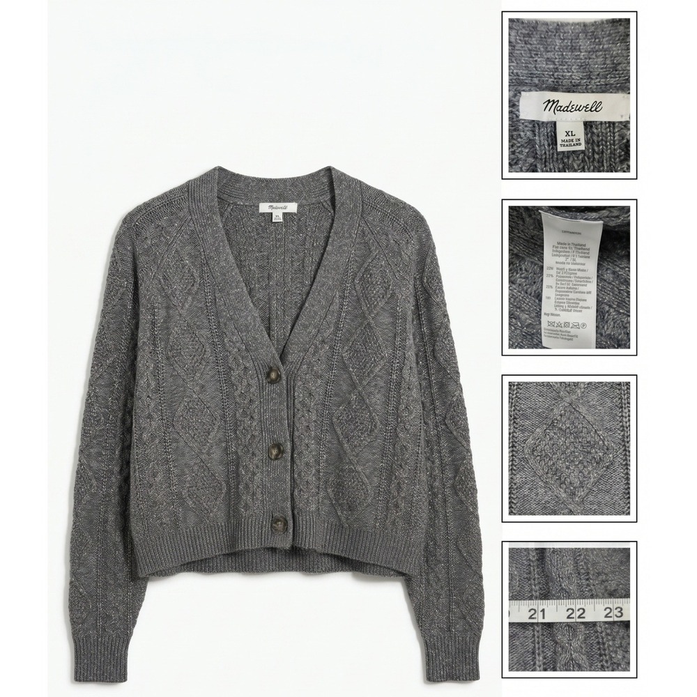 Madewell Cable Knit Cardigan Womens XL Grey Metallic Wool Blend Cropped Sweater
